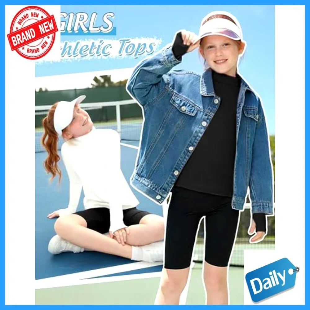 Girls Long Sleeve Mock Neck Athletic Shirts 4-Pack Thumbhole Activewear